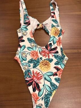Tropical Floral One-Piece Swimsuit - Cream Base with Teal & Coral Print